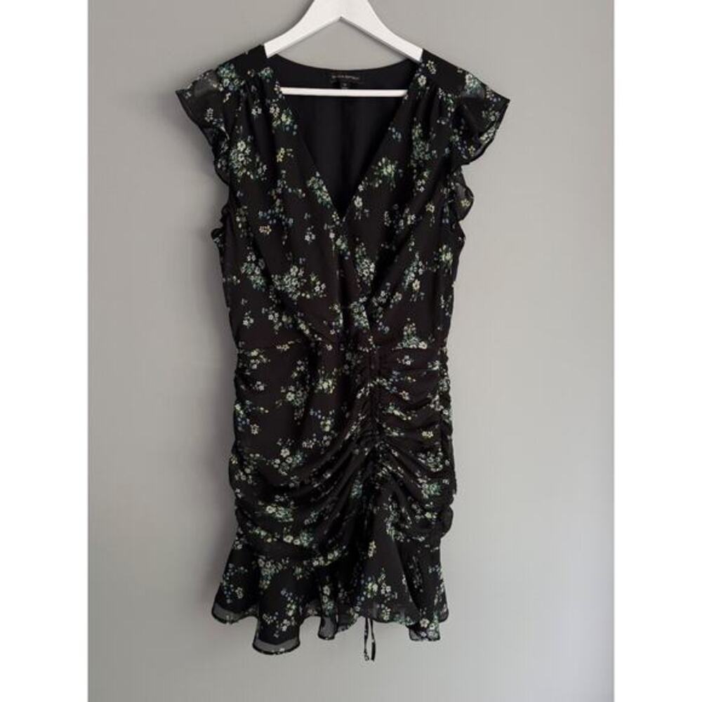 Banana Republic Size 14 Black Floral Ruched Mini Dress Romantic Dark Academia